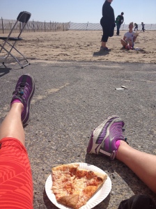 Pizza, sand, Hokas, and the ocean